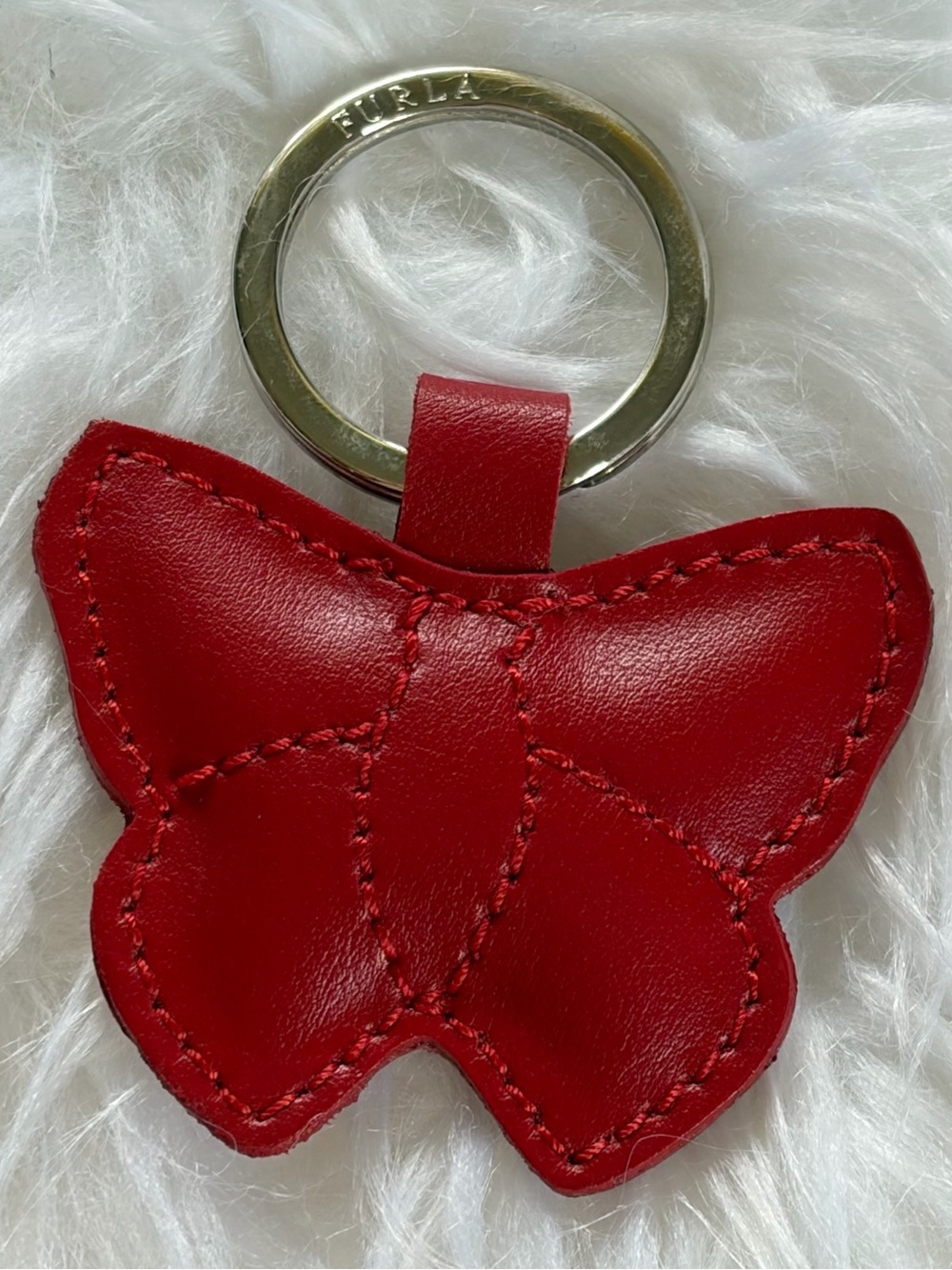 Furla Red Leather Butterfly Keychain Silver Made in Italy MSRP $108 EUC Like New